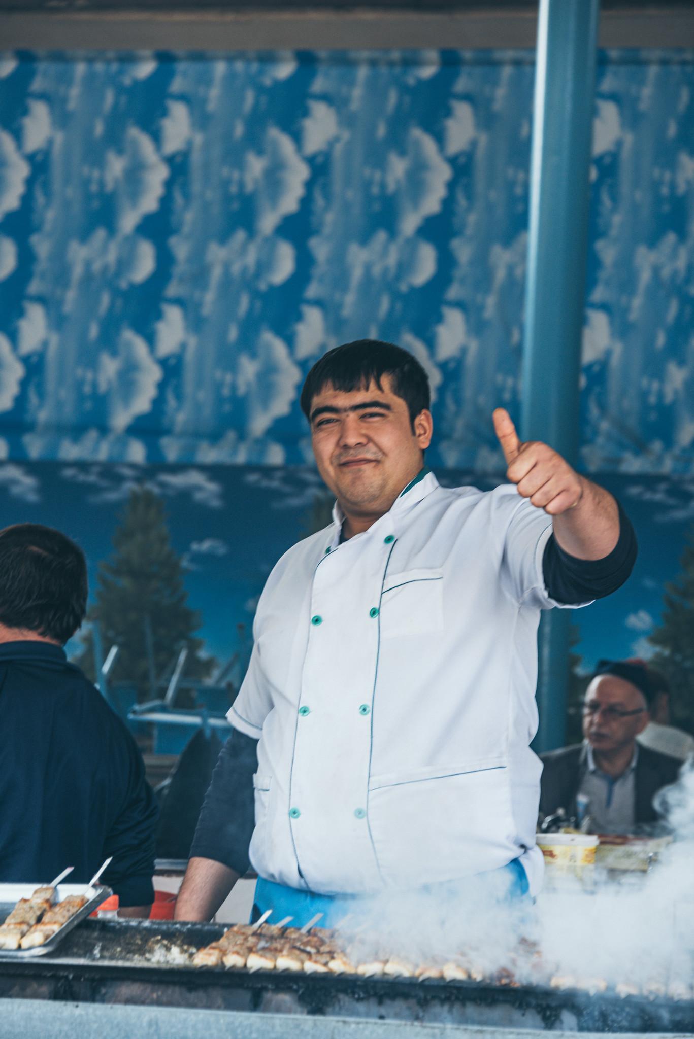 Men in Chorsu Bazaar, at Butcheries and Kebab Stall